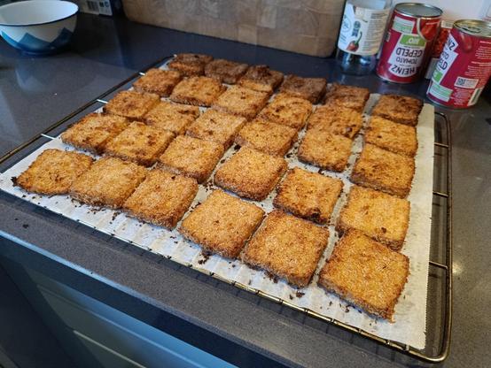 24 slices of cocos coated tofu on a baking tray, they're golden brown.