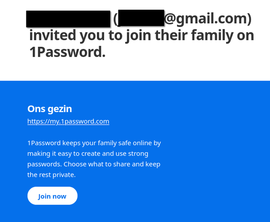 Screenshot of the 1Password invite for "Ons gezin" which is "Our family".