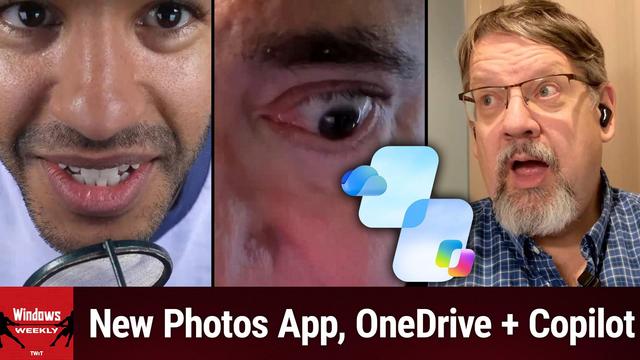 Podcast/video thumbnail promoting a Windows Weekly episode about the new Photos app, OneDrive, and Copilot: three split-screen hosts (left close-up mouth, center extreme close-up eye, right surprised man with glasses), cloud app icons overlaid and headline text.